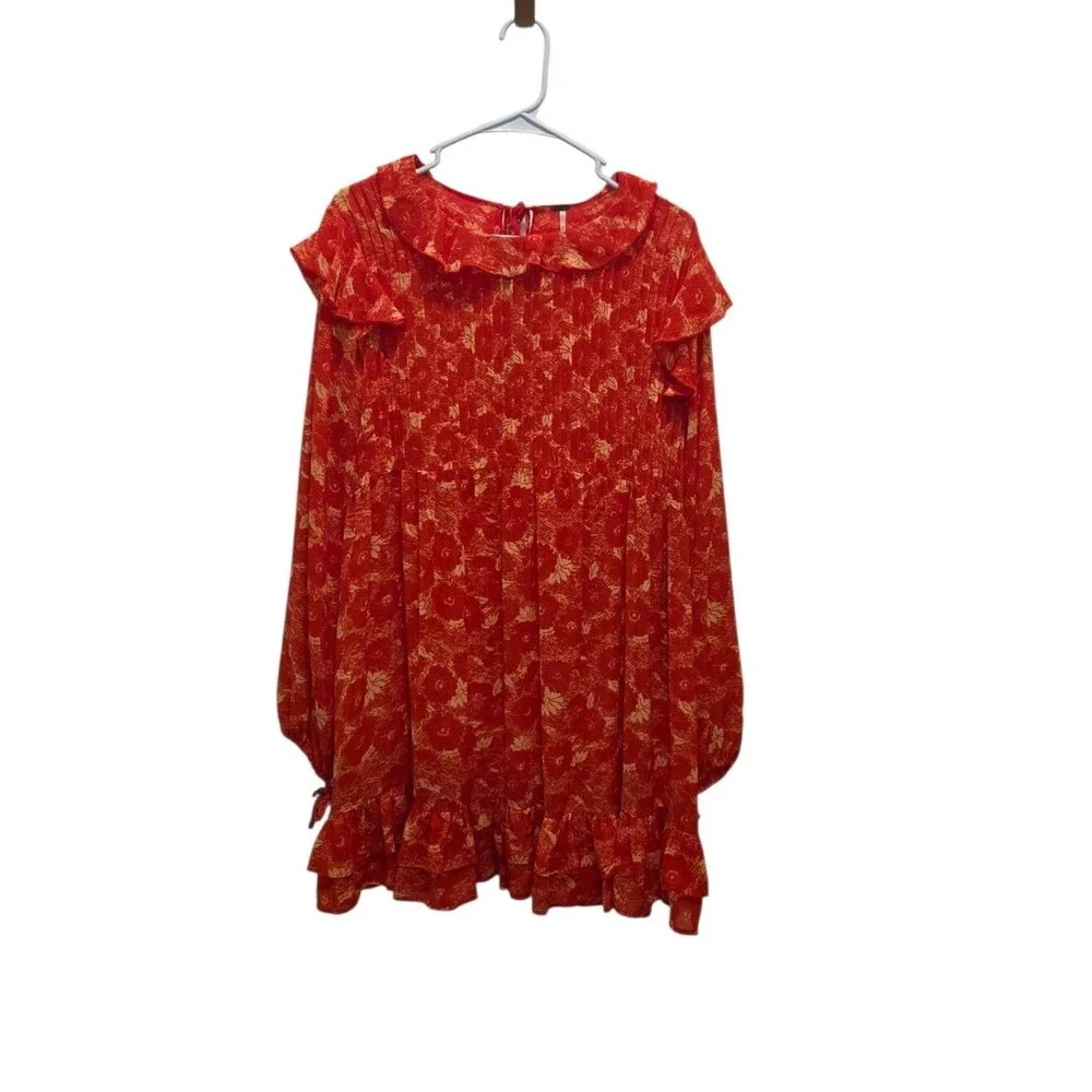 Free People These Dreams Red-Orange Floral Boho Mini Dress M Peasant READ**